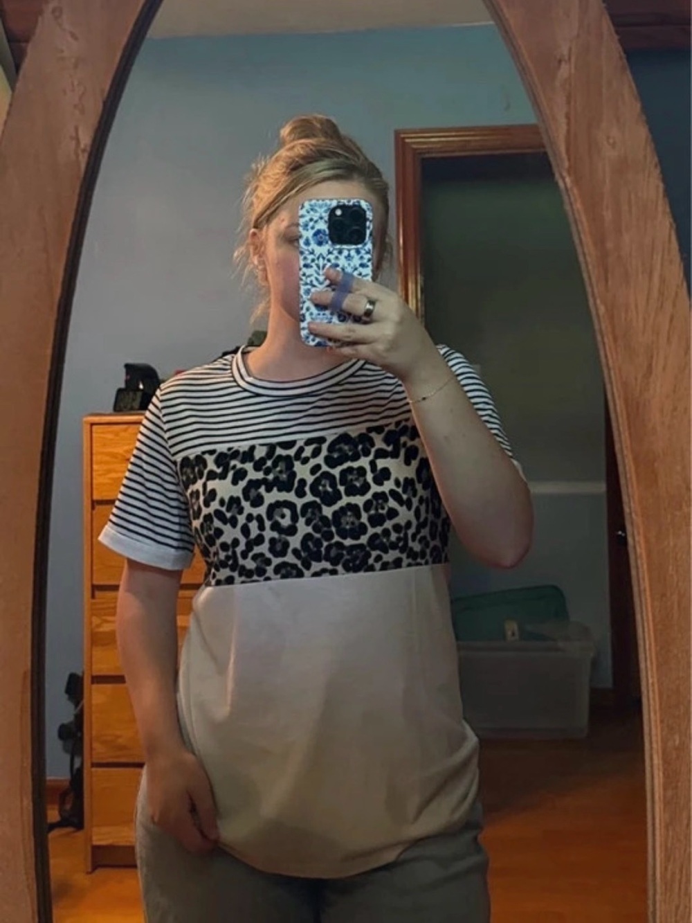 Striped and Leopard Colorblock Short Sleeve Top - White/Black